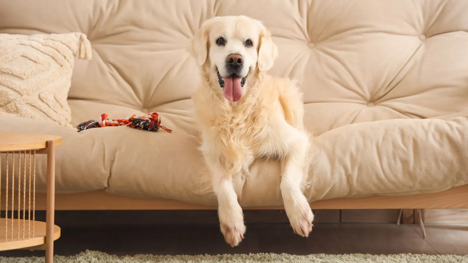 Adult Golden Retriever sitting relaxed on a sofa.