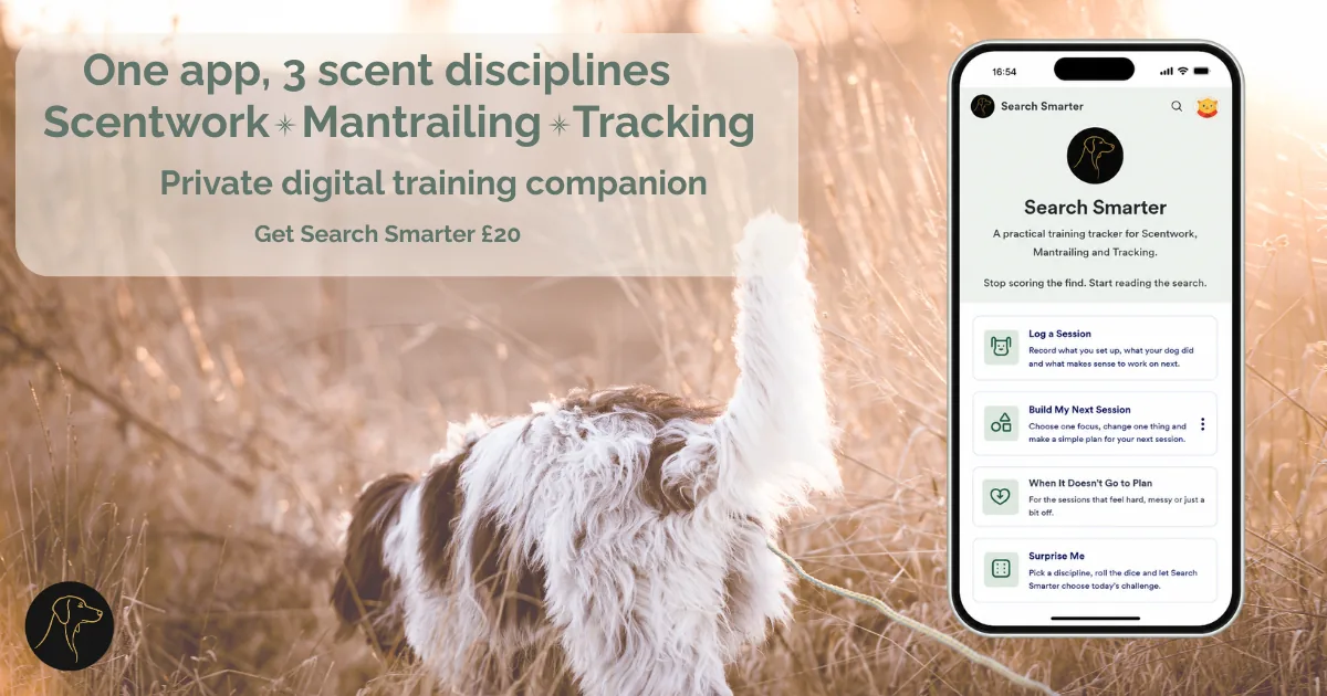 Search Smarter digital training companion for Scentwork, Mantrailing and Tracking